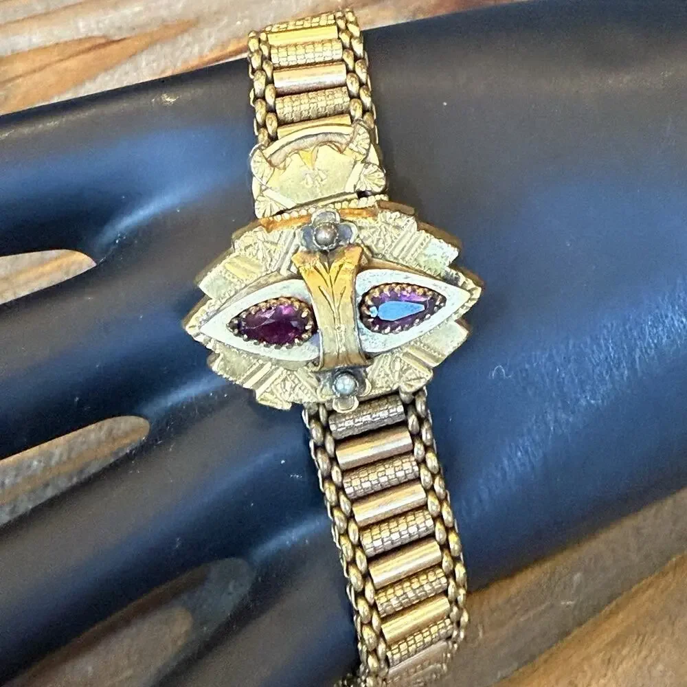 Antique Victorian Gold Filled Mesh Slide Bracelet Amethyst Glass Seed Pearl 1882 - Picture 2 of 13